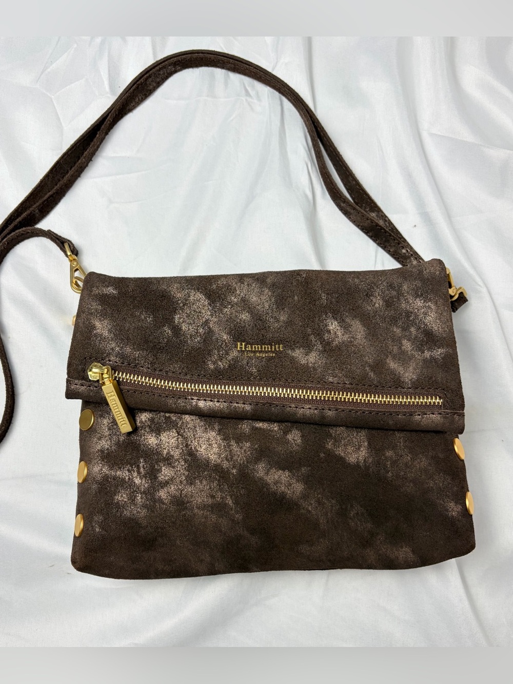 Hammitt VIP Medium Foldover Crossbody | Metallic Brown Suede | Gold Hardware